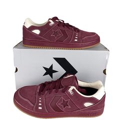 One pair of new in box unisex adult Converse AS-1 Pro Ox CONS Skate Shoes/Sneakers (A06658C). The color is Dark Burgundy/Egret/Gum, and the size is men's US 13 (ftis women's US 14.5) (UK 12, EUR 47.5, CM 31). Specifications: Suede material upper Low top Embossed One Star and AS-1 logo on side Rubbed outsole with stitched accents and Converse spellout CONS logo on back heel Sablone logo on tongue   Shipping: We ship all items within 24 hours excluding weekends and federally recognized holidays. R Dark Red Sneakers, Dark Red Shoes, Low Top Converse, Skater Shoes, Converse Star, Red Converse, New Converse, Converse One Star, Dark Burgundy