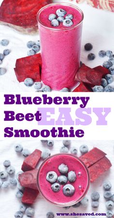 blueberry beet smoothie in a glass with berries on the side and text overlay reading blueberry beet easy smoothie