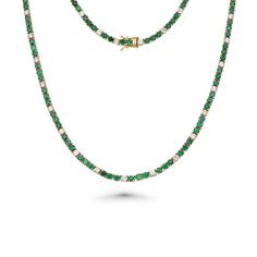 Diamond & Emerald Tennis Necklace With 4-Prongs Setting | Capucelli Diamond Tennis Necklace, 14k Yellow Gold Necklace, Rich Green, Tennis Necklace, Rose Gold Necklace, Sparkle Diamonds, Jewelry Lover, Jewelry Pouch, Stylish Design