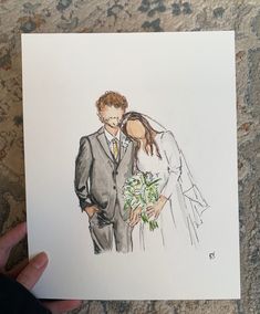 a drawing of a bride and groom holding a bouquet in front of their face,