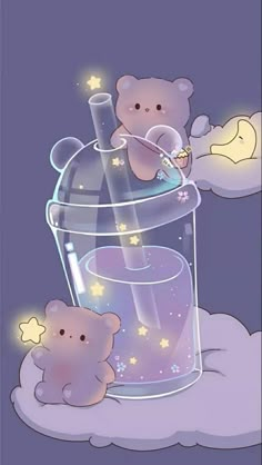 two teddy bears sitting in front of a large glass container filled with liquid and stars