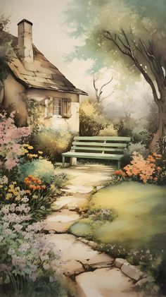 a painting of a park bench in front of a house with flowers and trees around it