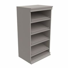 an empty shelf with five shelves on each side and three drawers on the other side