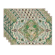 four green and white rugs with an intricate design on the bottom, one in gold