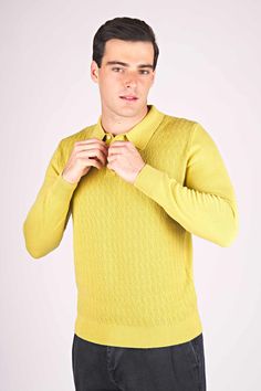 Discover timeless elegance with our long-sleeve wool sweater with his distictive style. This refined piece features a classic polo-style collar, adding a unique twist to your wardrobe. The front is intricately textured, showcasing exceptional craftsmanship and attention to detail. Perfect for layering or wearing on its own, this wool sweater combines warmth, style, and sophistication. Casual Textured Knit Collared Polo Sweater For Fall, Textured Knit Collared Polo Sweater For Winter, Collared Textured Knit Polo Sweater For Winter, Winter Collared Sweater With Textured Knit, Formal Long Sleeve Wool Sweater, Formal Long Sleeve Merino Wool Sweater, Classic Textured Knit Polo Sweater For Fall, Formal Merino Wool Sweater With Ribbed Collar, Elegant Wool Sweater With Polo Collar