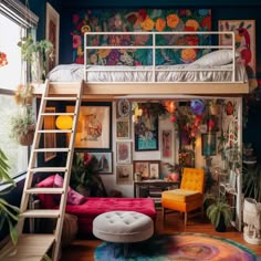 a bedroom with a loft bed and colorful decor