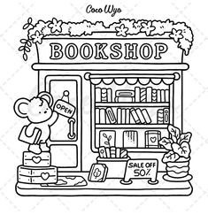 a black and white drawing of a book shop