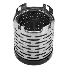 a black and white basket with holes on the bottom, in front of a white background