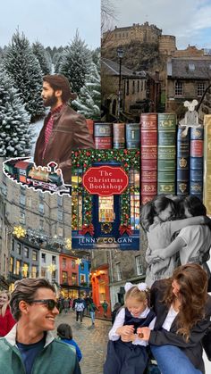 collage of people and books in the middle of a street with christmas decorations on it