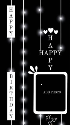 a black and white happy birthday card with lights