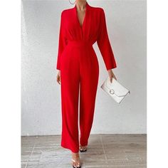 -Item Id 26952471 -Color: Red -Style: Elegant -Pattern Type: Plain -Type: Other -Neckline: Deep V Neck -Details: Backless, Tie Back, Zipper -Sleeve Length: Long Sleeve -Length: Long -Fit Type: Regular Fit -Sleeve Type: Batwing Sleeve -Waist Line: High Waist -Fabric: Non-Stretch -Material: Woven Fabric -Composition: 100% Polyester -Care Instructions: Machine Wash, Do Not Dry Clean -Body: Unlined -Sheer: No **Open To Offers!!!** **Bundle To Save More** **30% Off Bundles Of 2 Or More Items!!** ***O Red Party Jumpsuits And Rompers, Red V-neck Jumpsuit And Romper, Formal Fall V-neck Jumpsuits And Rompers, Red Solid Color Jumpsuits And Rompers For Spring, Red Solid Color Jumpsuit For Night Out, Red Solid Color Jumpsuits And Rompers For Night Out, Red Fitted V-neck Jumpsuit, Formal V-neck Jumpsuits And Rompers For Fall, Fall V-neck Office Pantsuit