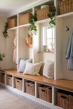 a wooden bench with baskets and plants on it