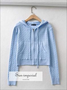 Women Blue Zipped Cropped Hoodie Knit Cardigan with front and side Pockets Casual Hooded Sweater With Zipper Closure, Blue Hooded Cardigan For Spring, Casual Hooded Cable Knit Cardigan, Casual Knit Cardigan With Zipper Closure, Spring Hooded Cable Knit Sweater, Spring Hooded Cardigan, Trendy Hooded Knitted Cardigan, Casual Cable Knit Long Sleeve Hoodie, Trendy Knitted Hooded Cardigan