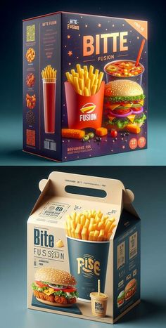 two boxes with different types of food on them, one is filled with fries and the other has french fries