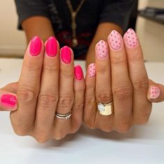 Hot Pink White Nail Designs, Pink Dotted Nails, Polka Nails Dot, Polka Dot Heart Nails, Pink Nails White Dots, Light Pink Nails With Red Polka Dots, Milky Heart Nails, Pink Dots Nails, February Nails Ideas Short Square