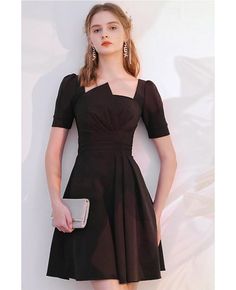 Buy modest little black short dress sleeved with ruffles high quality at affordable price online. Free shipping and pro custom service since 2009. Evening Dress With Half Sleeves, Solid Color Half Sleeve Evening Dress, Solid Color Short Sleeve Midi Dress For Cocktail, Elegant Black Midi Dress With Puff Sleeves, Black Square Neck Dress With Ruffles, Formal Short Sleeve Midi Dress With Ruffles, Fitted Short Sleeve Solid Color Dress For Party, Black Ruffled Knee-length Midi Dress, Black Puff Sleeve Midi Dress For Cocktail