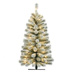 a white christmas tree with lights and snow on the branches, against a white background