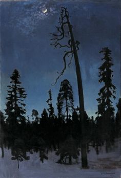 a painting of trees in the snow at night