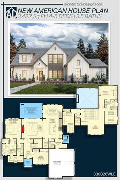 the new american house plan is shown in blue and white, with an open floor plan