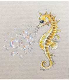 a yellow sea horse with bubbles in its mouth and water droplets on it's back