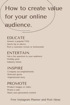 an info sheet with the words how to create value for your online audience on it