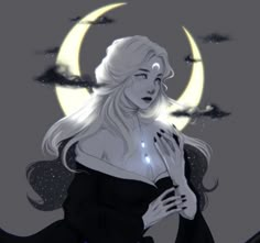 a drawing of a woman in black dress with her hands on her chest and the moon behind her