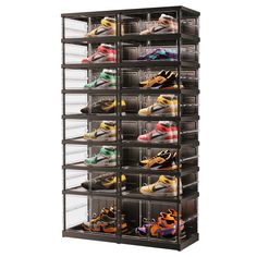 the shoe rack is filled with many pairs of shoes