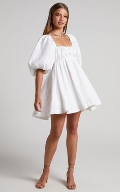 Amalie The Label - Hamyya Linen Tie Back Puff Sleeve Mini Dress in White | Showpo USA Fluffy Dress, Puff Sleeve Mini Dress, Linen Mini Dress, Bubble Sleeve, Grad Dresses, High Waisted Flares, Skirt Skirt, Puffed Sleeves Dress, Hoco Dresses