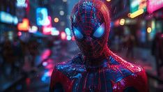 the amazing spider - man stands in front of a cityscape with neon lights