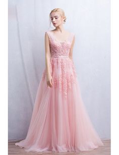 Romantic A-Line V-neck Floor-Length Tulle Wedding Dress With Appliques Lace V-neck Tulle Evening Dress For Wedding, V-neck Tulle Evening Dress For Debutante Ball, V-neck Tulle Gown For Debutante Ball, Tulle V-neck Gown For Debutante Ball, Pink Lace Wedding Dress For Prom Season, Lace Wedding Dress With Sweep Train, Lace Floor-length Wedding Dress With Sweep Train, Pink Lace Wedding Dress For Debutante Ball, Lace Bridesmaid Dress With Sweep Train For Wedding