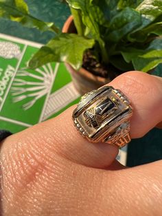 Releasing this from my personal collection.... A beautiful 10k yellow gold class ring featuring the letter "A" and black enamel details. It reads "19" and "40" on the sides, "Adams" and "HS" below. Stamped 10k, engraved and hallmarked "Murchison Newark" on the inside of the band. Great vintage graduation ring in amazing condition for its age. Shows light wear in places, expected with vintage jewelry. Ready to wear.  Size us 5 1/2, weighs approx 4.9 grams Follow along on instagram @farewelltrading to keep up with my latest travels and finds. Each order is carefully packaged and includes a complimentary Fare Well Trading promotional item (while supplies last). Feel free to message me with any questions. Thanks for looking! Victorian Style Gold Enamel Oval Ring, Antique Hallmarked Enamel Ring As Gift, Victorian Gold Oval Enamel Ring, Victorian Style Hallmarked Enamel Ring In Yellow Gold, Victorian Oval Hallmarked Enamel Ring, Vintage Graduation, Graduation Ring, Gold Class, Flush Set Diamond