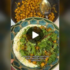 a plate filled with food next to a bowl of chickpeas