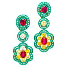 This vibrant and unique pair of earrings by Austy Lee is made of Mozambican Rubies and Fancy Color Diamonds, set on green color-plated 18K Yellow Gold. The pair is perfect for daily wear, in either casual or formal occasion. Product Details: Diamond - 132 pcs - 0.66ct Fancy Color Diamond - 14 pcs - 1.25cts Ruby - 4 pcs - 1.89cts 18K Yellow Gold Dimension of Earrings: L34.5 x W14 x D5 mm (measurement on the largest part) Including 18K Ear Nuts with hood for maximum support Stamped Hallmarks: AU69 750 100% guaranteed Natural gemstones. Certification(s) (GIA, GRS, IGI) can be requested by customers with an additional charge. Please kindly contact us for the quotation. The is a one-of-a-kind piece, delivering directly from aUSTY LEE and is not a second-hand piece. Fancy Yellow Diamond, Chic Leather, Fancy Color Diamonds, Yellow Diamond, Dream Jewelry, Green Colors, Colored Diamonds, Ruby, Diamond Earrings