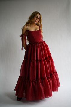 The Siena Gown in Scarlet Red – Wild Rose & Sparrow Floor Length Corset Dress, Floor Length Gowns Formal, Formal Tiered Dress, Red Flowing Dress, Red Selkie Dress, Dark Romantic Dress, Dark Red Wedding Guest Dress, Red Tiered Dress, Corset Gown Fairytale