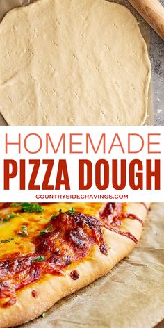 homemade pizza dough is sitting on top of a cutting board with the words homemade pizza dough over it