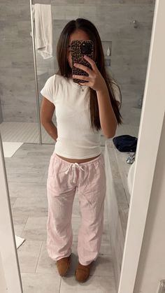 Fits With Linen Pants, Pink Brandy Pants, Coquette Outfit Brandy Melville, Pink Brandy Linen Pants, Brandy Pants Outfit, Pajama Day Outfit Ideas, Brandy Clothes Aesthetic, What To Wear With Striped Pants, Lazy Cold Weather Outfits