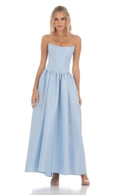 Strapless Corset Gown in Blue | LUCY IN THE SKY Strapless Floor Length Dress, Light Blue Dress Maxi, Debutante Guest Dresses, Bridesmaid Dresses Fabric Types, Winter Wedding Maid Of Honor Dresses, Gold And Blue Bridesmaid Dresses, Light Blue Long Formal Dress, Baby Blue Cocktail Dress, Drop Waist Bridesmaid Dress