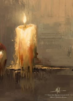 a painting of a lit candle next to an apple