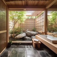 a japanese style bathroom with rocks and plants