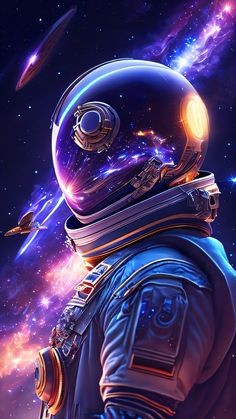 an astronaut in outer space looking at the stars and planets on the sky with his back to the camera