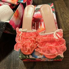 These Are Authentic Used Gucci Pink Ruffle Slip On Heels Sandals 37 - Comes With Orignal Box And Dust Bags Etc. I Love Them A Lot But Didn’t Wear Them That Much. Super Super Cute On! No Trade - Paid Usd 890 Plus Tax Usd 968; Condition Is Mint As I Wore A Few Times Only As Shown In Photos Feminine Heels For Summer Cocktail Events, Feminine Heels For Cocktail In Summer, Feminine Summer Heels For Cocktail, Feminine Heels For Cocktail Occasions In Summer, Gucci Block Heel Summer Heels, Gucci Block Heels For Summer, Summer Gucci Block Heels, Gucci Luxury Summer Heels, Summer Luxury Gucci Heels