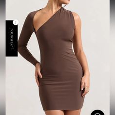 - Premium Stretch Jersey - Asymmetric Neckline - Single Long Sleeve - Bodycon Fit - Mini Length One Shoulder Bodycon Dress, London Brown, Club L London, Asymmetric Neckline, London Dresses, Dress Mini, Long Sleeve Bodycon, Size 16 Dresses, Size 16