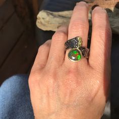 Sterling Silver 925  Black rhodium and gold plated  Handmade   Natural Opal and peridot Opal Band Ring, Opal Statement Ring, Huge Rings, Black Opal Ring, Opal Band, Rainbow Opal, Fire Opal Ring, Peridot Ring, Black Rhodium