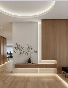 a modern living room with wood floors and white walls, along with a plant on the wall