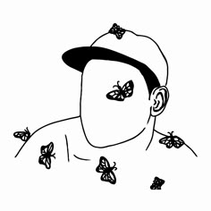 a black and white drawing of a man with butterflies on his face