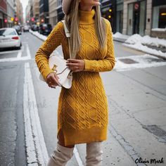 Olivia Mark - Vestido térmico largo de cuello alto y corte ajustado Knitted Winter Dress, High Collar Dress, Ginger Dress, Long Sleeve Turtleneck Dress, Plain Sweaters, Cable Knit Sweater Dress, Long Sweater Dress, Knit Wrap, Winter Dress