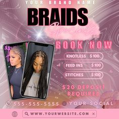 Customizable Braids Flyer on Etsy 🌟✨ Boost your braids business with our vibrant, fully customizable Braids Flyer, available on Etsy! This eye-catching flyer is perfect for promoting your unique braid styles, special offers, and events. Designed with flair and creativity, it ensures your brand stands out and attracts potential customers. Add your own images, colors, and text to make it truly yours! 🎉 Highlights: - Easy to customize with your brand's colors and style - Perfect for showcasing di Braider Flyer Ideas, Hair Sales Flyer Design, Hair Flyers Ideas, Braid Special Flyer, Braids Business, Hair Salon Price List, Different Braid Styles, Wig Sale, Bookings Available