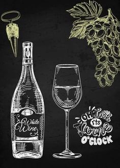 a bottle of wine and a glass with grapes on the blackboard background stock illustration