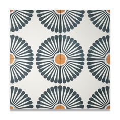 an art deco wallpaper with blue and orange flowers on the side, in front of a white background