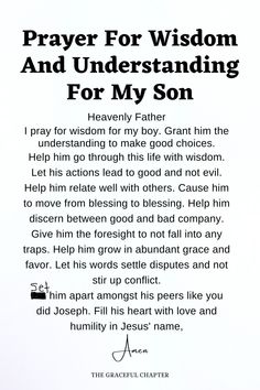 a prayer card with the words, prayer for wisdom and understanding for my son